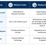 Table comparing medical coder vs. medical biller roles, detailing inputs, tools, objectives, and skills. Learn how to become a medical biller and coder.