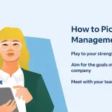 Illustration about choosing management theories, featuring a woman with a tablet and an upward arrow, with text "How to Pick Your Management Style.