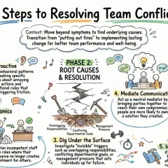 Illustration of 5 steps to resolve team conflict, showing investigation, root causes, mediation, and structural change, highlighting communication blockers and their solutions.