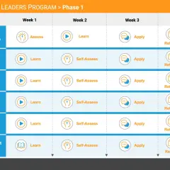 LEADx Emerging Leaders Program Phase 1 roadmap. This nonprofit leadership training outlines monthly competencies like Self-Awareness and Growth Mindset, with weekly activities: Assess, Learn, Apply, Reflect, and Group Coaching.
