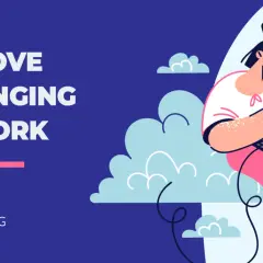 Illustration promoting a sense of belonging at work. A woman with a coffee cup works on a laptop amidst stylized clouds.
