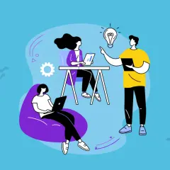 Teamwork sparks ideas, showing how to improve motivation in the workplace. A woman on a laptop, another at a desk, and a man with a lightbulb above his head.