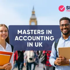 Two smiling students, one with orange and red notebooks, the other with a tan notebook, stand in front of Big Ben. Text reads "MASTERS IN ACCOUNTING IN UK".