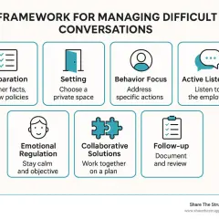 Framework for leading difficult conversations: preparation, setting, behavior focus, active listening, emotional regulation, collaborative solutions, and follow-up.