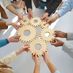 Hands connect wooden gears, symbolizing teamwork and collaboration training. Each piece fits perfectly, showing how individuals work together.