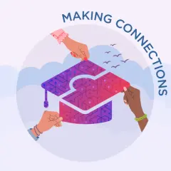 Hands assemble a graduation cap puzzle, symbolizing making connections through an associate business degree online.