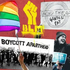 Collage of protest imagery: rainbow flag, BLM fist, "Boycott Apartheid" banner, and signs advocating for gender pay equity and banning zero-hours contracts, reflecting DEI considerations.