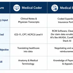 Table comparing medical coder vs. medical biller roles, detailing inputs, tools, objectives, and skills. Learn how to become a medical biller and coder.