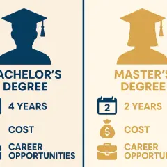 Visual comparison of Bachelor's (4 years, cost, career opportunities) and Master's degrees (2 years, cost, career opportunities).