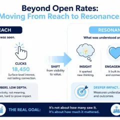 Infographic comparing "Reach" (opens, clicks) to "Resonance" (insight, engagement, action) for measuring internal communications.