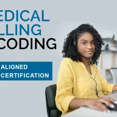 Medical billing and coding programs are highlighted with AAPC aligned CPC certification. A woman with a headset works at a computer.