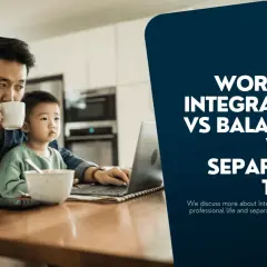A father drinks coffee while his child sits on his lap, both looking at a laptop. The image explores work-life integration vs balance.