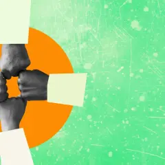 Four fists bump in a circle, symbolizing authentic leadership and teamwork.