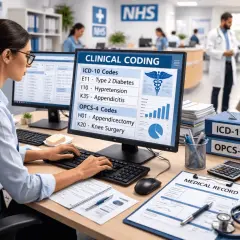 A medical coder works at a computer, learning clinical coding for billing. The screen displays ICD-10 and OPCS-4 codes.