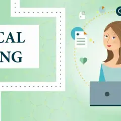 Learn medical billing and coding online with this illustration. A woman with a laptop is surrounded by icons representing healthcare and data.