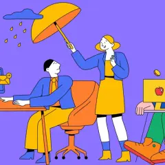 A woman holds an umbrella over a man stressed by emails, showing empathy. Another person works on a laptop with Bitcoin symbols.