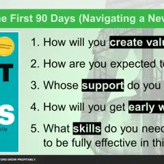 Navigating new manager challenges: The First 90 Days book and questions on creating value, expected behavior, support, early wins, and skills.