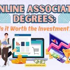Online associate degrees: Is it worth the investment? Students, laptops, coins, and a trophy suggest a path to success.