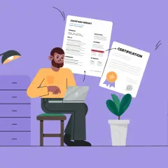 A man works on a laptop, with a resume and a certification document displayed. The resume highlights "Certifications" as a section, showing how to list certifications on resume.
