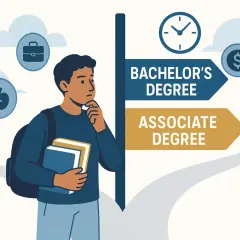 A student ponders their future, with signs pointing to a Bachelor's or Associate Degree, considering career and education paths.