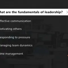 A graphic outlines the leadership fundamentals training: effective communication, motivating others, responding to pressure, managing team dynamics, and time management.