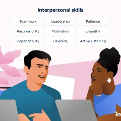 Illustration showing interpersonal savvy meaning through teamwork, leadership, and empathy. Two colleagues collaborate, highlighting effective communication.