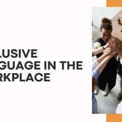 A diverse team high-fives, symbolizing unity and the importance of inclusive language in the workplace.