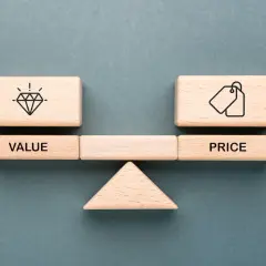 A balance scale with blocks showing a diamond for "VALUE" and price tags for "PRICE." Considering the CPC certification cost is key.