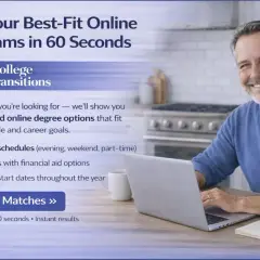Man smiles at laptop, finding best online associate degree programs with College Transitions.