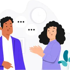 Two people engage in calm communication, with speech bubbles indicating their conversation. A clock hangs in the background.