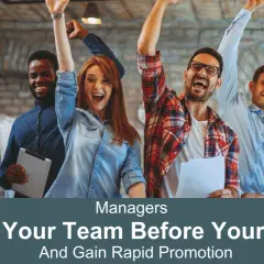 A diverse team celebrates success, hinting at how to become a manager by prioritizing the team for rapid promotion.