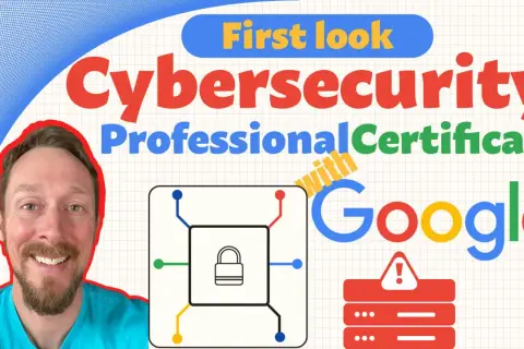 A man smiles next to text announcing a "First look" at the Google Cybersecurity Professional Certificate, featuring a lock icon and server alerts.