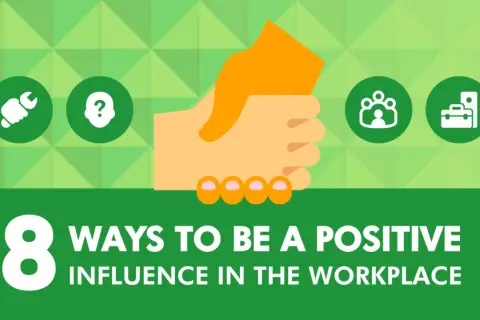 Illustration showing 8 ways to influence people positively in the workplace, with icons for teamwork, problem-solving, and leadership.