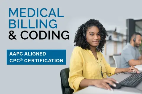 Medical billing and coding programs are highlighted with AAPC aligned CPC certification. A woman with a headset works at a computer.