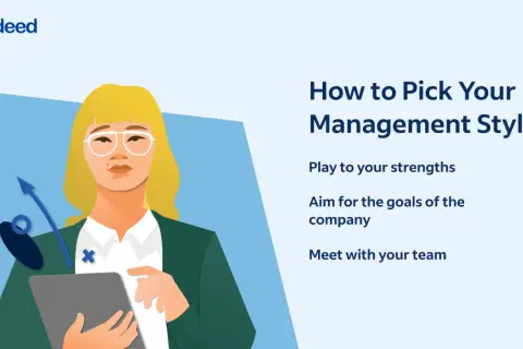 Illustration about choosing management theories, featuring a woman with a tablet and an upward arrow, with text "How to Pick Your Management Style.