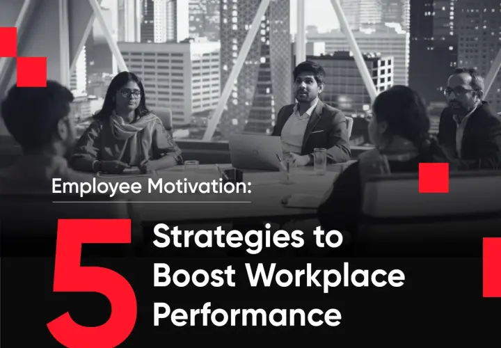 Team meeting discussing 5 strategies to boost workplace performance and increase employee motivation.