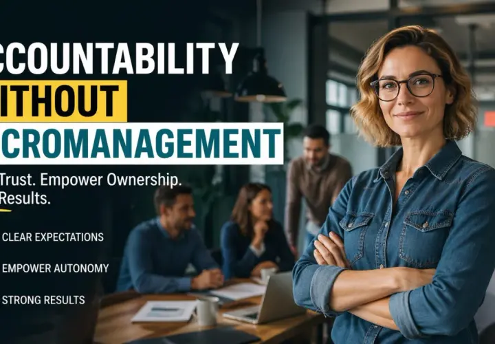 A confident woman leads a team, demonstrating why accountability is important for building trust, empowering ownership, and driving strong results without micromanagement.