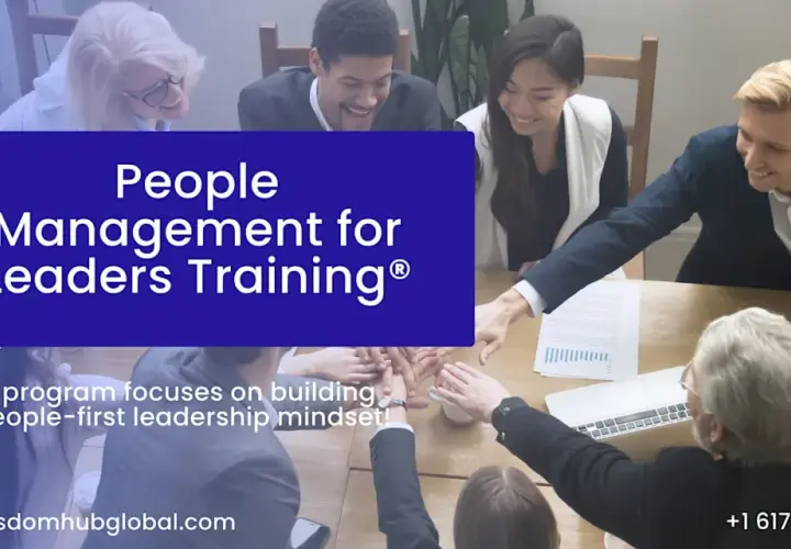 Diverse team in a meeting, hands clasped in unity. Text promotes "People Management for Leaders Training" focusing on a people-first mindset.