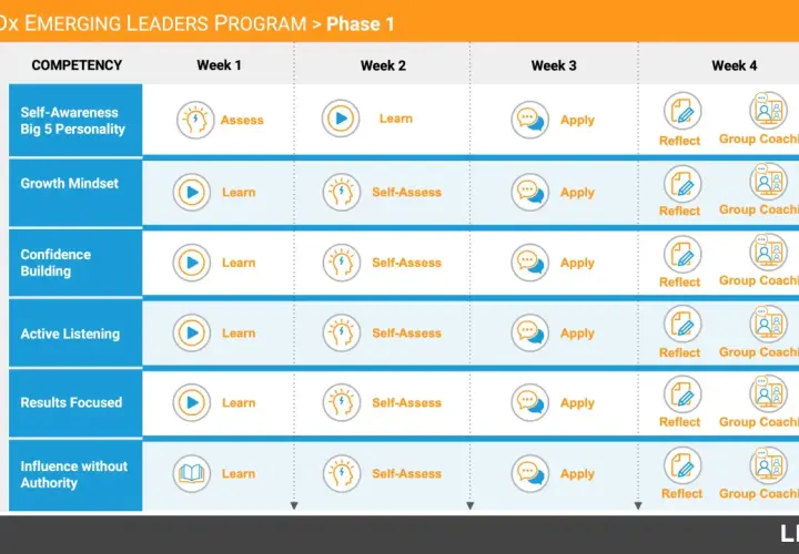 LEADx Emerging Leaders Program Phase 1 roadmap. This nonprofit leadership training outlines monthly competencies like Self-Awareness and Growth Mindset, with weekly activities: Assess, Learn, Apply, Reflect, and Group Coaching.