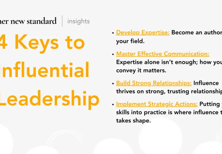 4 Keys to Influential Leadership: Develop expertise, master communication, build relationships, and implement actions.