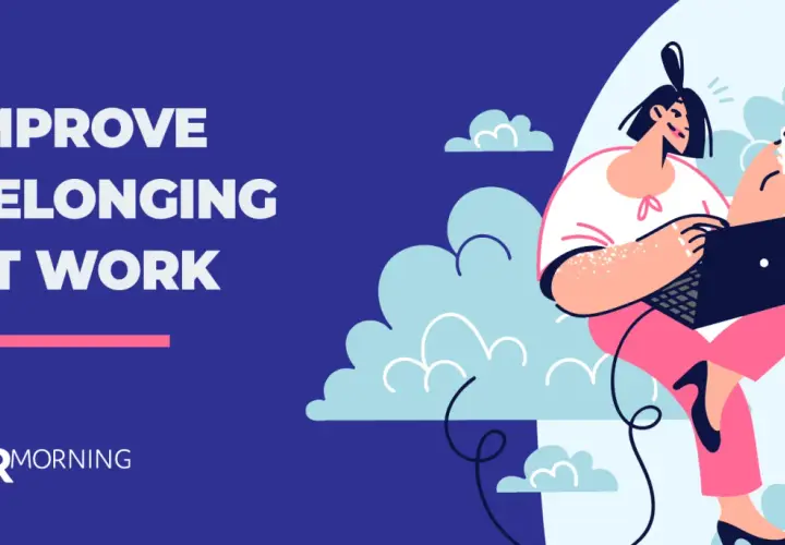 Illustration promoting a sense of belonging at work. A woman with a coffee cup works on a laptop amidst stylized clouds.