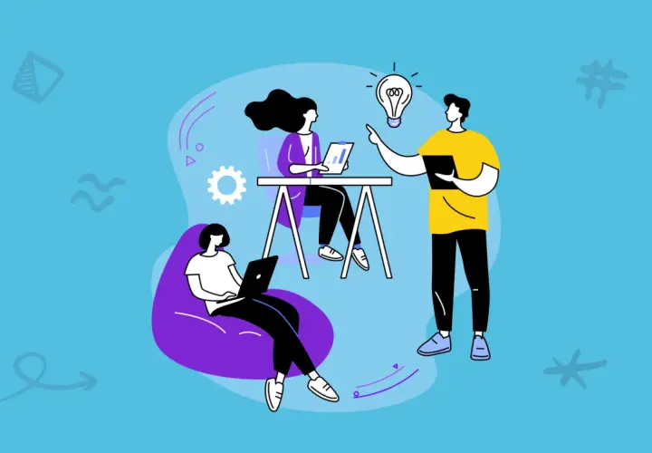Teamwork sparks ideas, showing how to improve motivation in the workplace. A woman on a laptop, another at a desk, and a man with a lightbulb above his head.
