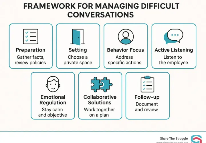 Framework for leading difficult conversations: preparation, setting, behavior focus, active listening, emotional regulation, collaborative solutions, and follow-up.