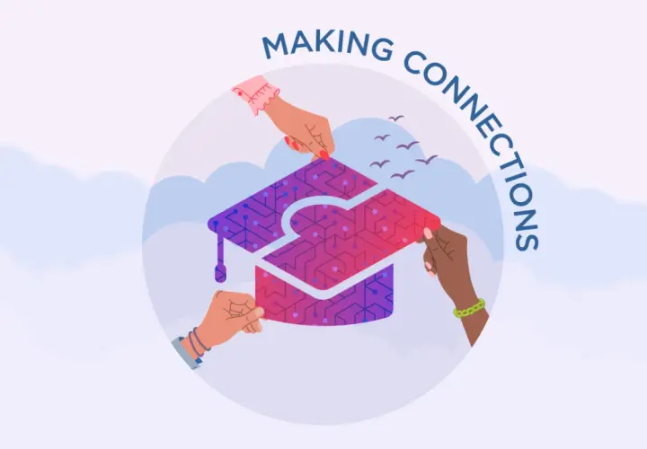 Hands assemble a graduation cap puzzle, symbolizing making connections through an associate business degree online.