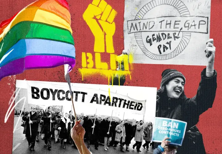 Collage of protest imagery: rainbow flag, BLM fist, "Boycott Apartheid" banner, and signs advocating for gender pay equity and banning zero-hours contracts, reflecting DEI considerations.