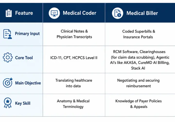 Table comparing medical coder vs. medical biller roles, detailing inputs, tools, objectives, and skills. Learn how to become a medical biller and coder.