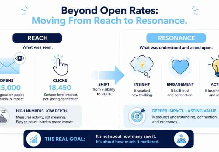 Infographic comparing "Reach" (opens, clicks) to "Resonance" (insight, engagement, action) for measuring internal communications.