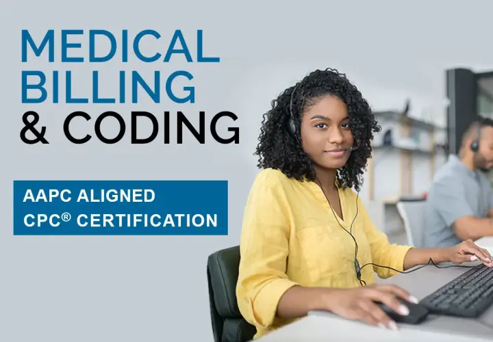 Medical billing and coding programs are highlighted with AAPC aligned CPC certification. A woman with a headset works at a computer.