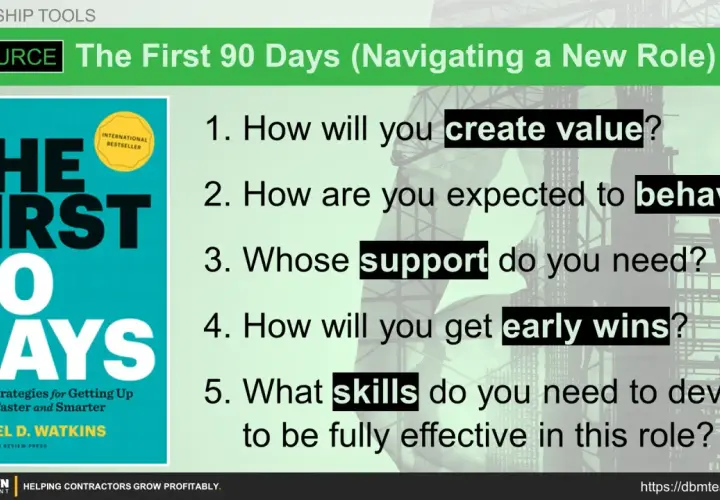 Book cover "The First 90 Days" and 5 questions for navigating leadership changes, focusing on creating value and developing skills.