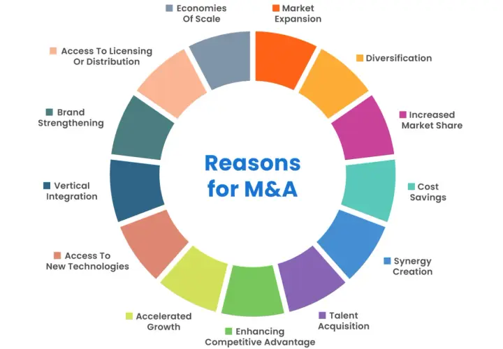 Circular diagram showing reasons for M&A: market expansion, diversification, increased market share, cost savings, synergy creation, talent acquisition, accelerated growth, enhancing competitive advantage, access to new technologies, vertical integrati...